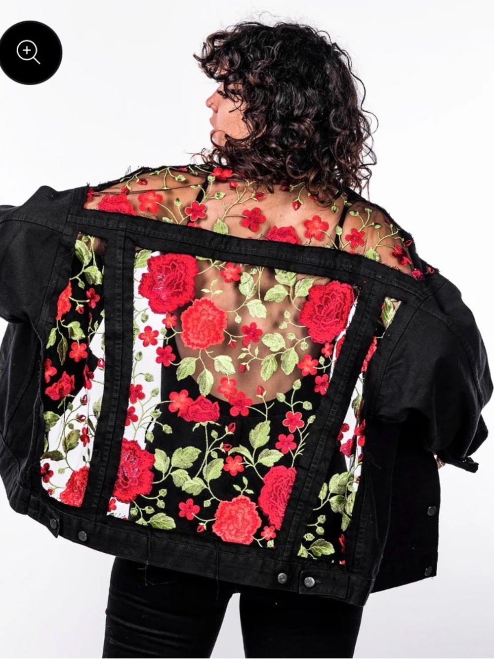 Black Denim Jacket THE ROSE JACKET with Red Rose Embroidered Mesh Back